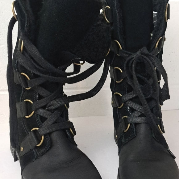 Sorel Emilie Black Leather And Suede Tall Lace-Up Fleece Lined Winter Boots Sz9 - Picture 11 of 12